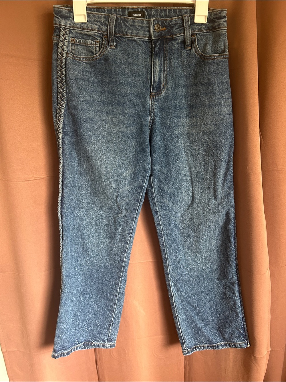 Express Blue Cropped Straight Jeans with Braided Side Trim